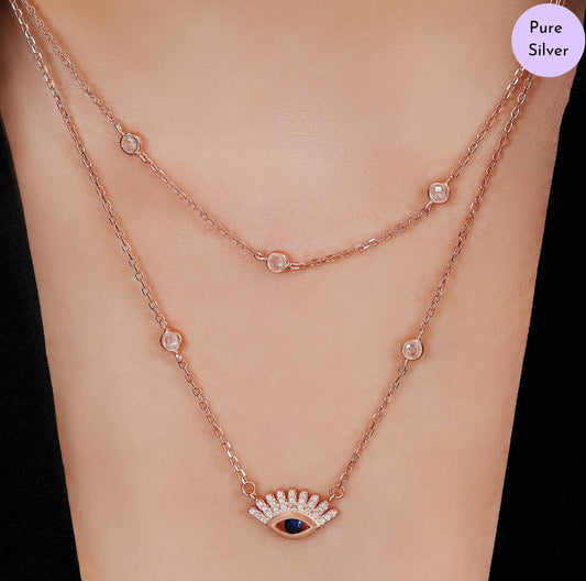 Eternal Protection Evil Eye Rose Gold plated CZ 925 Silver Necklace