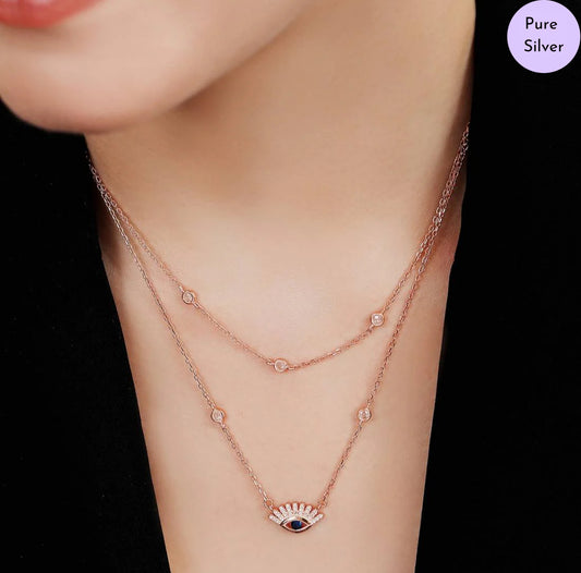 Eternal Protection Evil Eye Rose Gold plated CZ 925 Silver Necklace