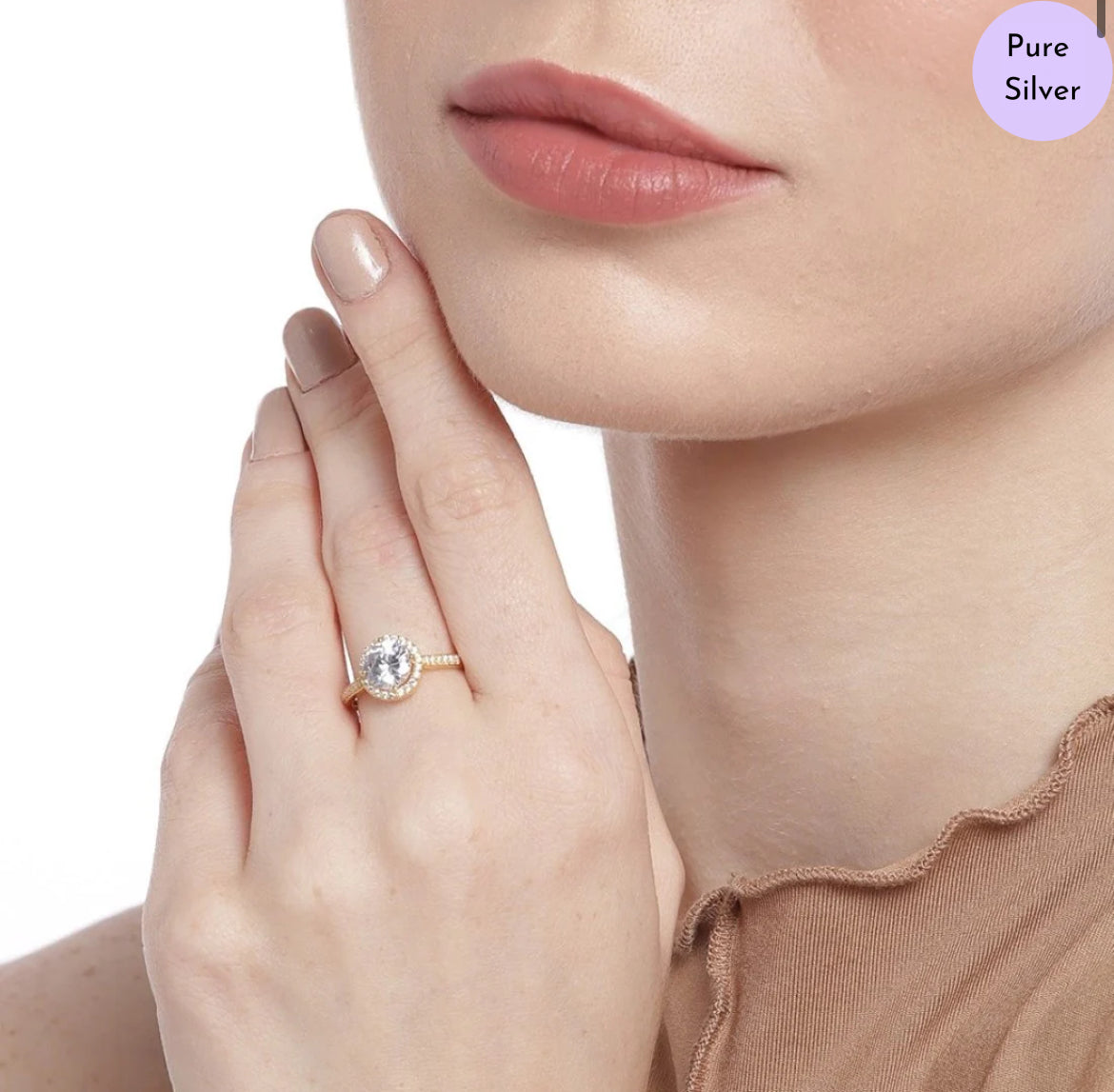 Dusky Gold Gold-Plated 925 Sterling Silver Solitaire Halo Ring