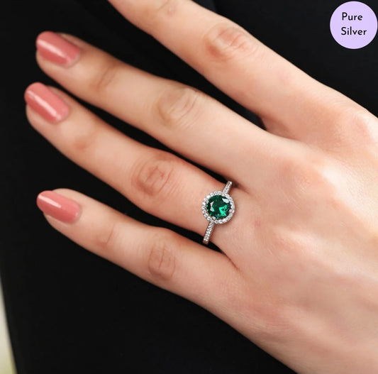 Evergreen Spark Halo CZ Studded Rhodium Plated 925 Sterling Silver Ring