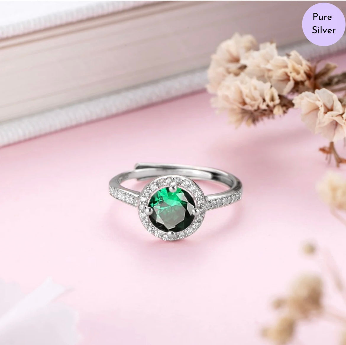 Evergreen Spark Halo CZ Studded Rhodium Plated 925 Sterling Silver Ring