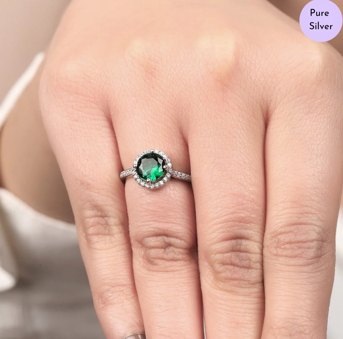 Evergreen Spark Halo CZ Studded Rhodium Plated 925 Sterling Silver Ring