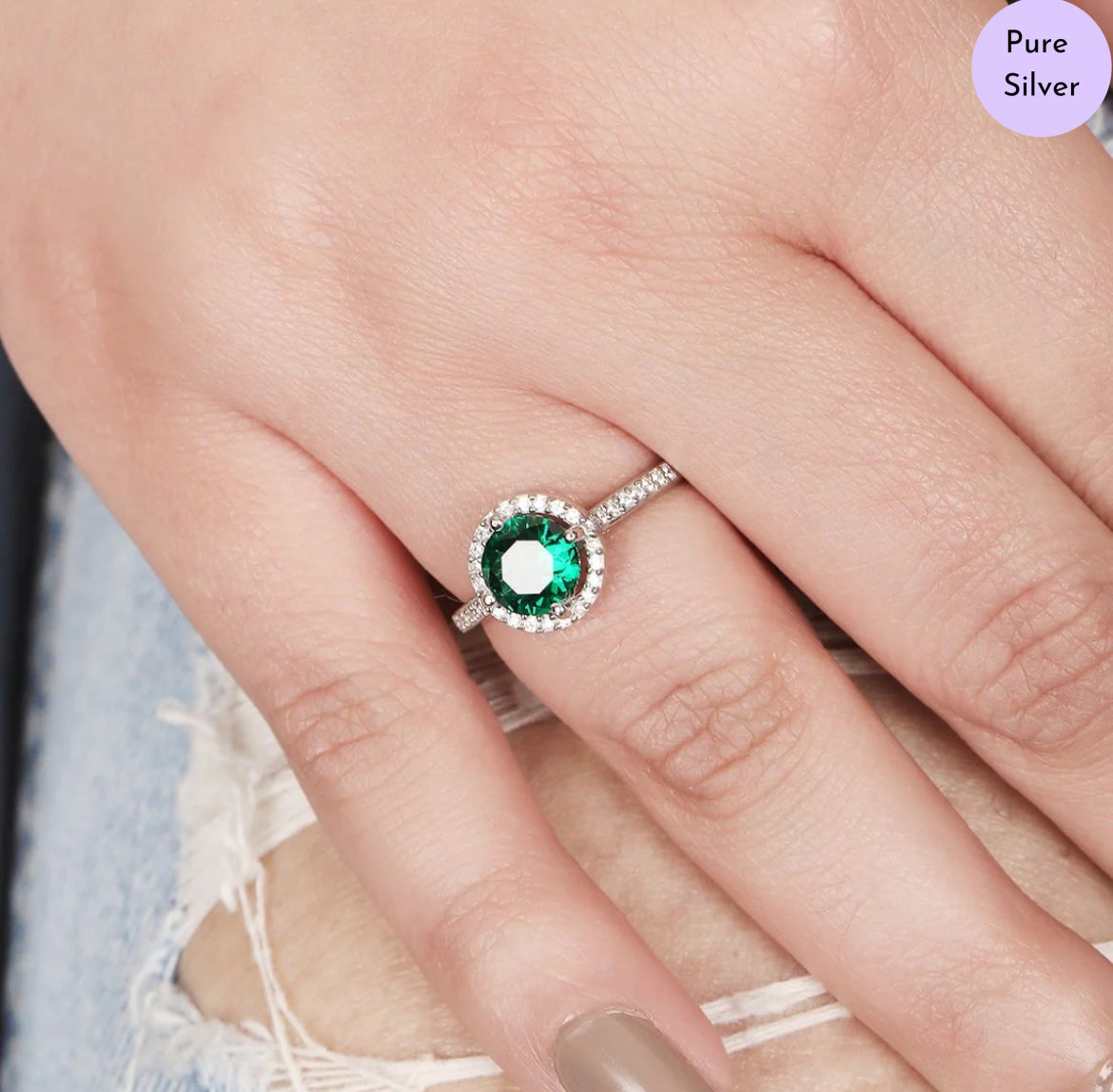 Evergreen Spark Halo CZ Studded Rhodium Plated 925 Sterling Silver Ring