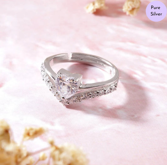 Dazzling Devotion Rhodium-Plated Heart CZ 925 Sterling Silver Ring (Adjustable)