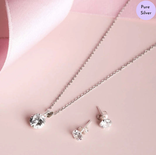 Petal Shine Solitaire Rhodium Plated 925 Silver Jewelry Set