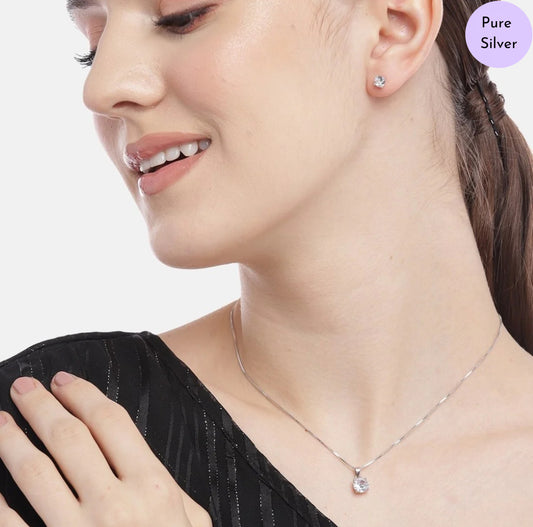 Petal Shine Solitaire Rhodium Plated 925 Silver Jewelry Set