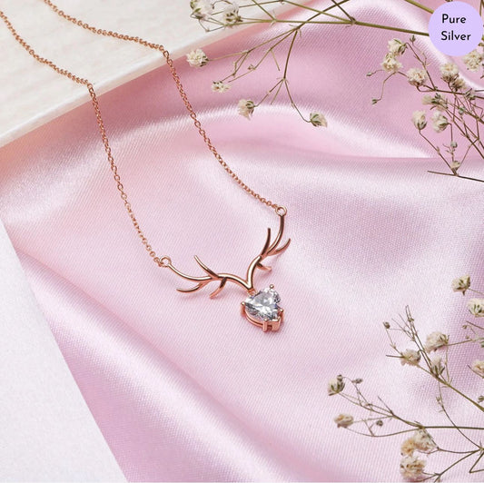 Crystal Deer CZ Rose Gold Plated 925 Sterling Silver Necklace