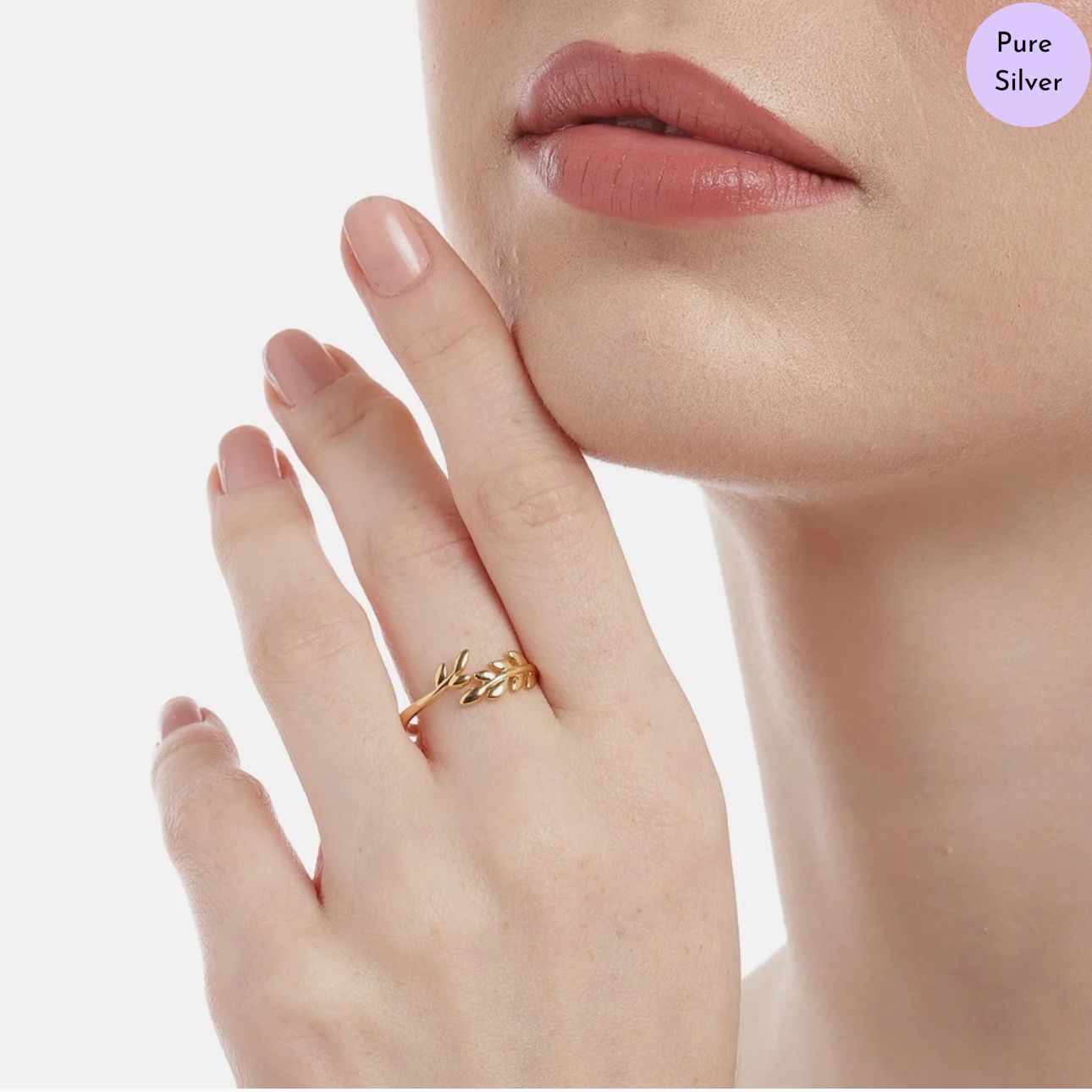 Aurora Leaf Adjustable Gold-Plated 925 Sterling Silver Ring