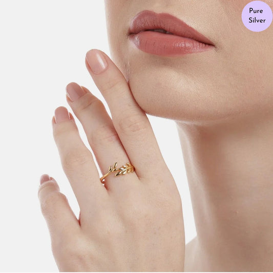 Aurora Leaf Adjustable Gold-Plated 925 Sterling Silver Ring