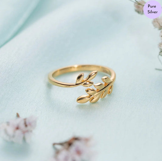 Aurora Leaf Adjustable Gold-Plated 925 Sterling Silver Ring