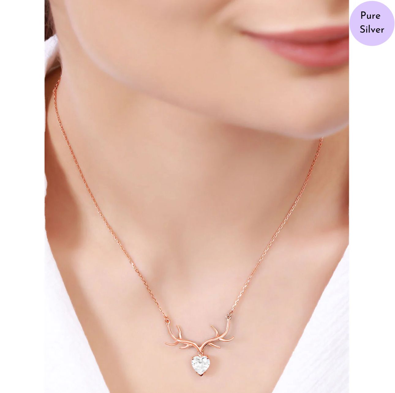 Crystal Deer CZ Rose Gold Plated 925 Sterling Silver Necklace