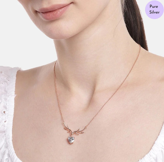 Crystal Deer CZ Rose Gold Plated 925 Sterling Silver Necklace