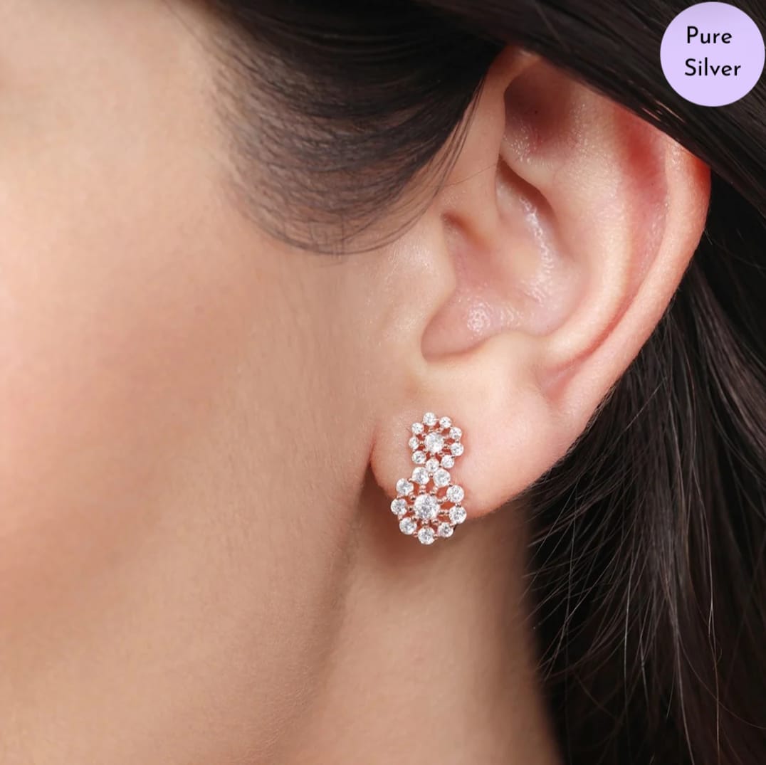 Glittering Halo Rose Gold Plated 925 Sterling Silver Cluster Earrings