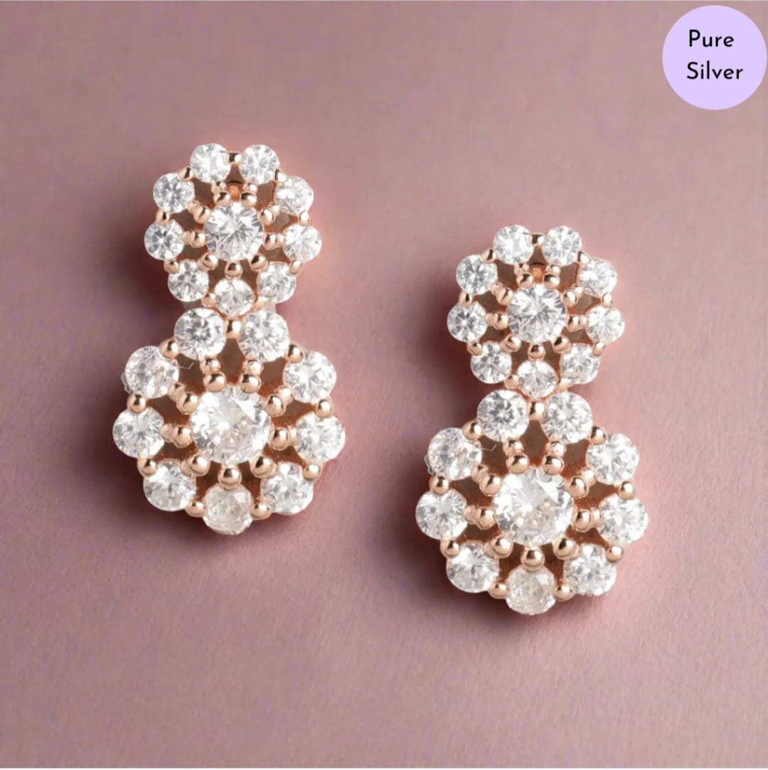 Glittering Halo Rose Gold Plated 925 Sterling Silver Cluster Earrings