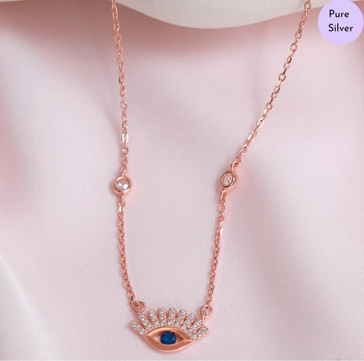 Eternal Protection Evil Eye Rose Gold plated CZ 925 Silver Necklace
