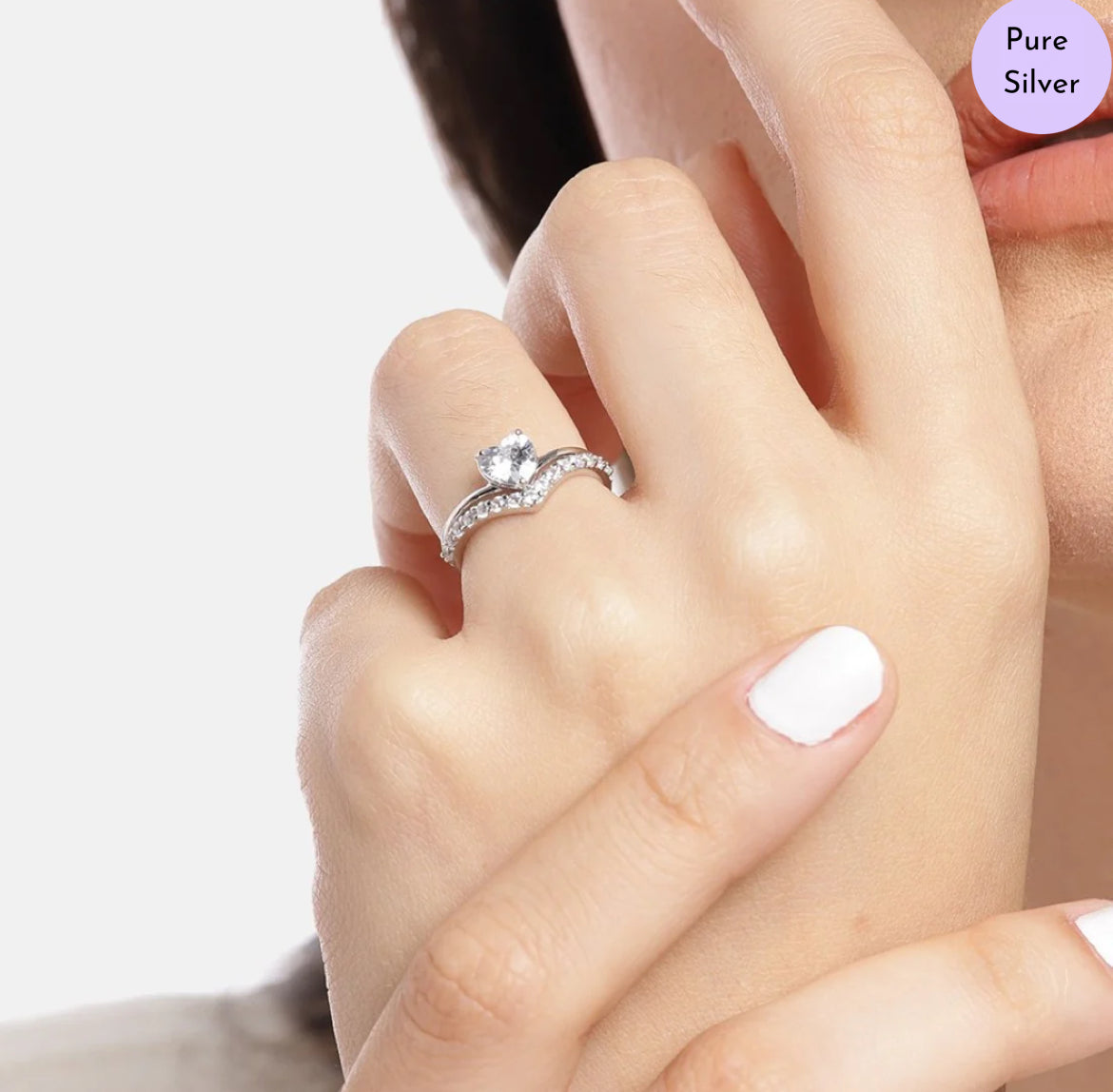 Dazzling Devotion Rhodium-Plated Heart CZ 925 Sterling Silver Ring (Adjustable)