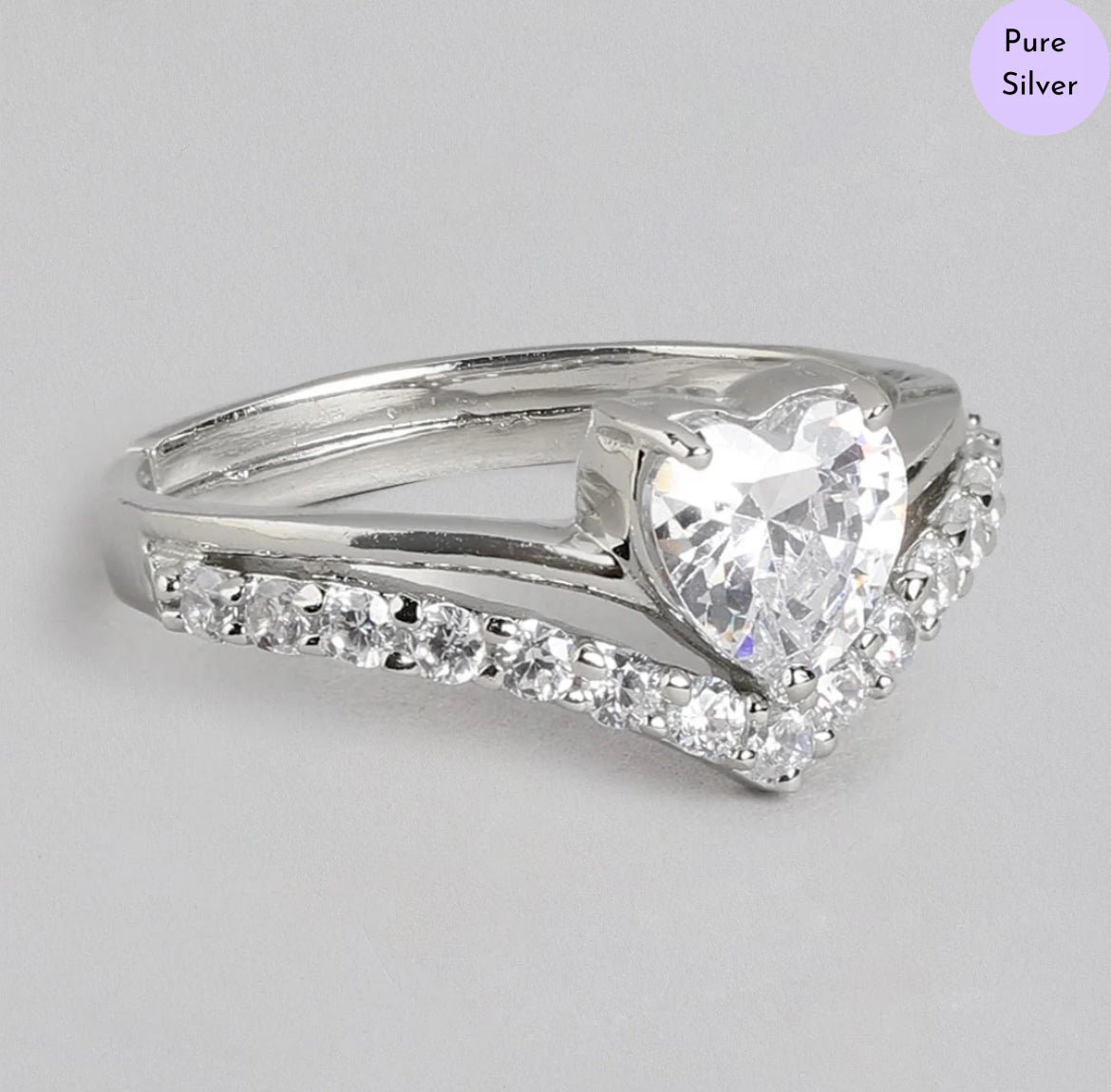Dazzling Devotion Rhodium-Plated Heart CZ 925 Sterling Silver Ring (Adjustable)