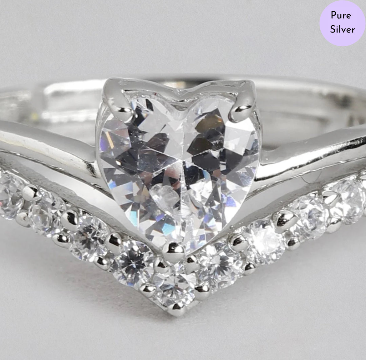Dazzling Devotion Rhodium-Plated Heart CZ 925 Sterling Silver Ring (Adjustable)