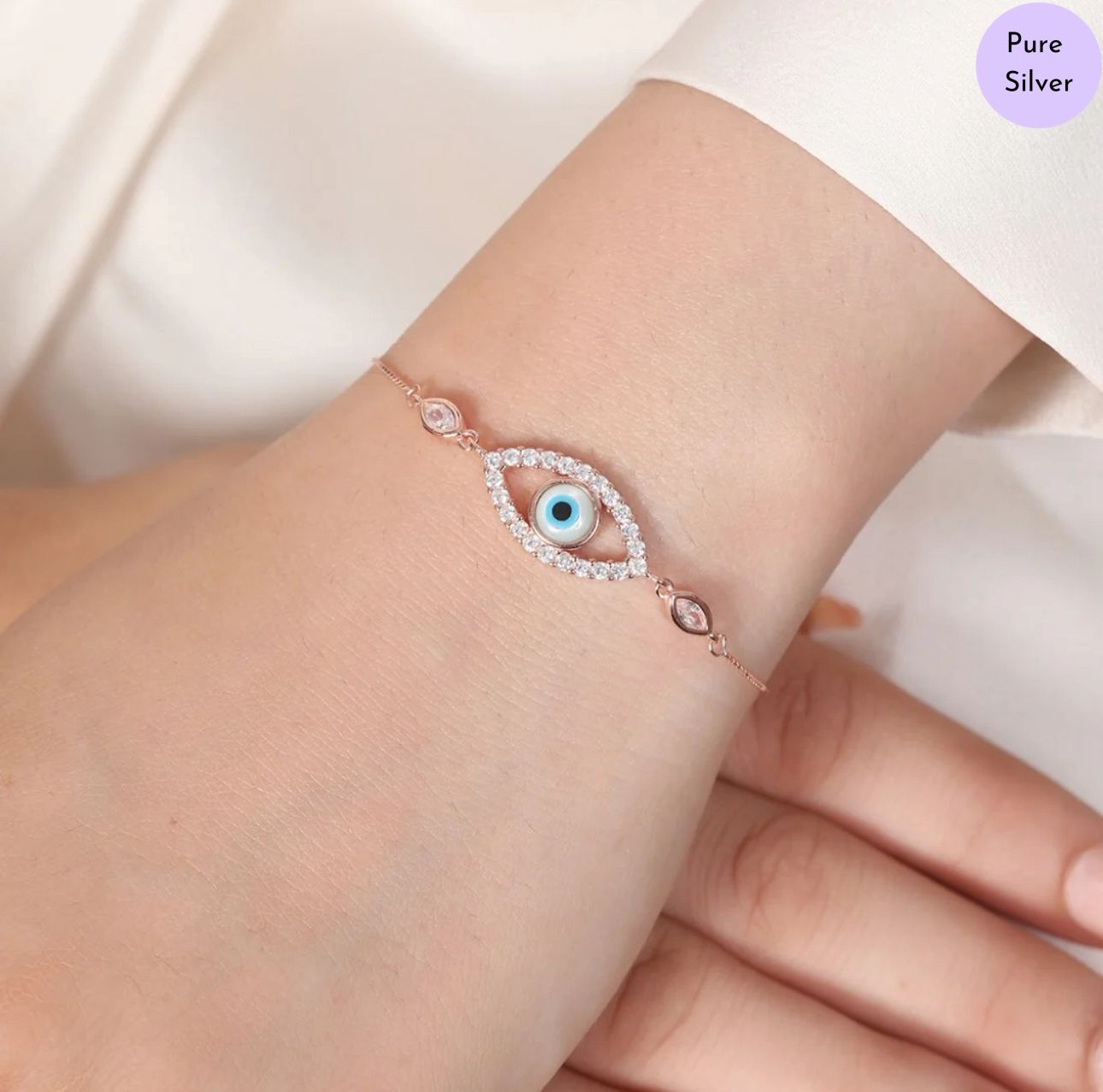 Fortuna Charm Rose Gold Plated 925 Sterling Silver Evil Eye Bracelet