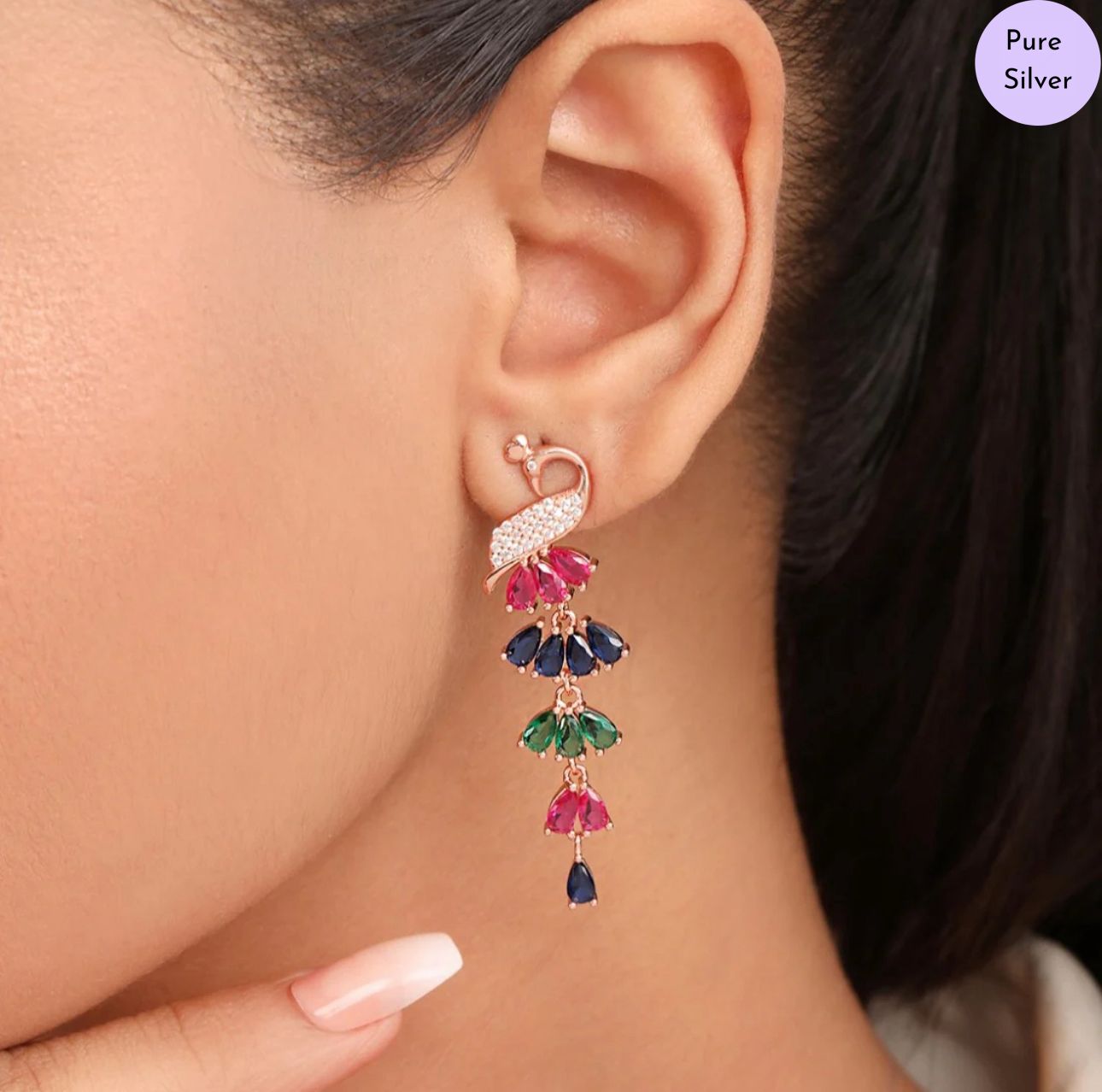 Peaflore Rose Gold Plated Cubic Zirconia 925 Sterling Silver Drop Earrings