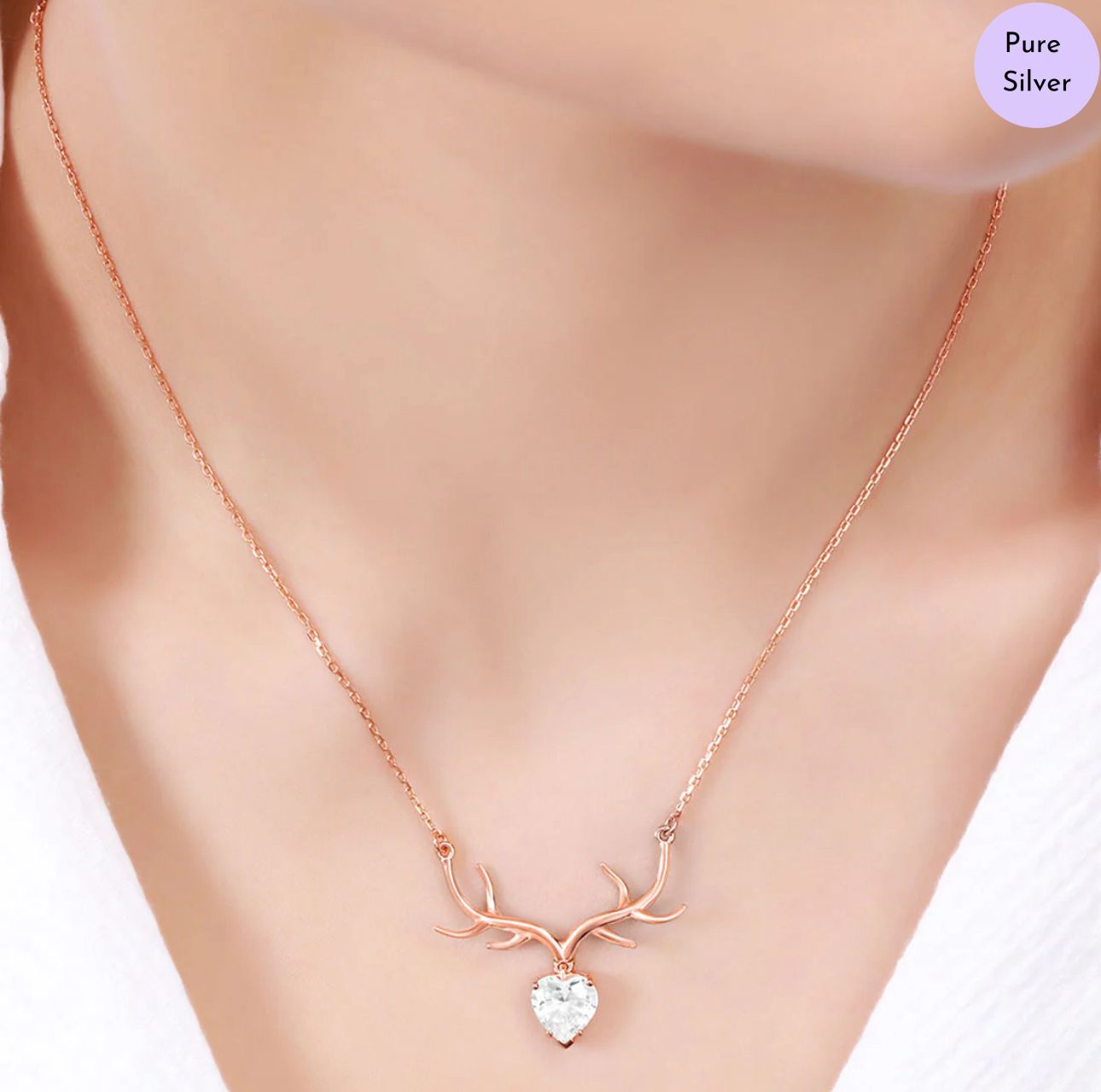 Crystal Deer  CZ Rose Gold Plated 925 Sterling Silver Necklace